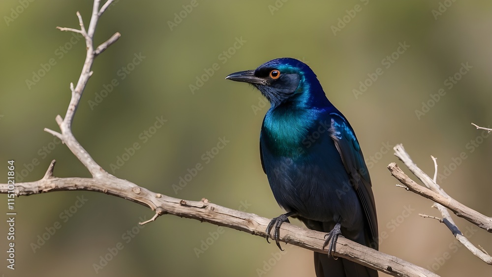 Close up of a Cape Glossy starling bird on a tree branch, bird and wildlife in Namibia, Africa
Close up of a Cape Glossy starling bird on a tree branch, bird and wildlife in Namibia, Africa