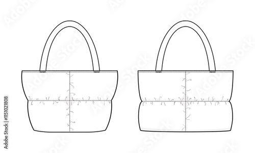 Quilted Tote Bag Technical Fashion Illustration. Padded Tote Bag Vector Template Illustration. Front View. Unisex Design. Double Handle. White Color. CAD Mockup.