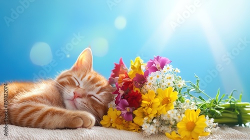 Adorable sleeping cat surrounded by a bouquet of flowers, basking in the warmth of the sun with a romantic atmosphere, set against a beautiful blue sky, evoking feelings of peace and serenity. photo