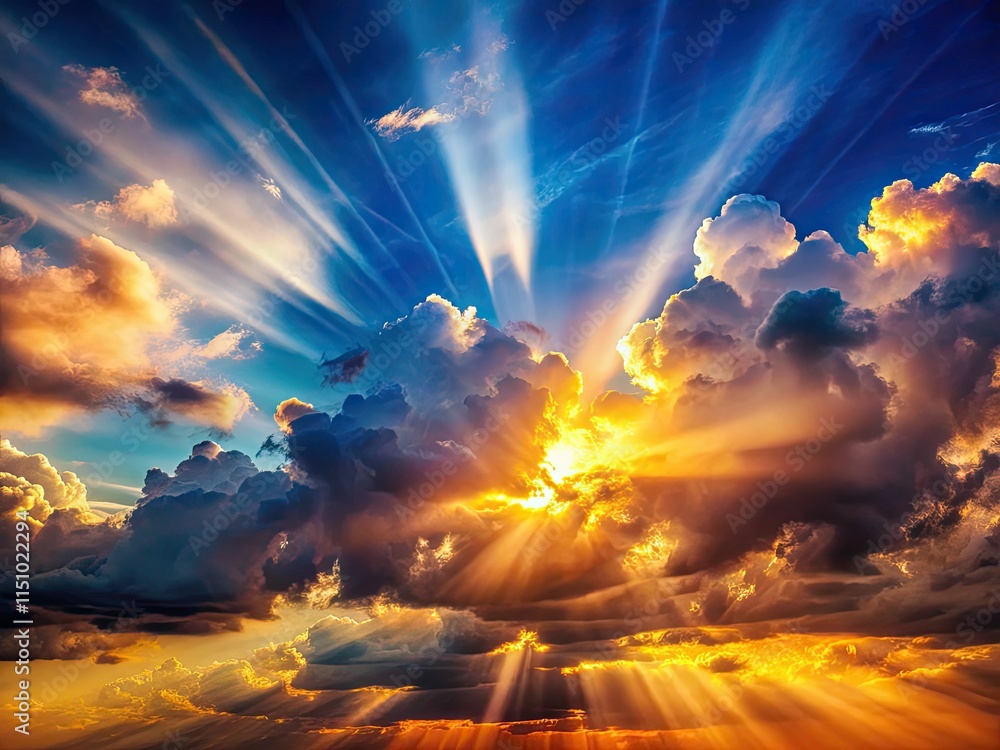Obraz premium AI-generated sunburst wallpaper: heavenly light beams pierce a cloudy sky, digital art design.