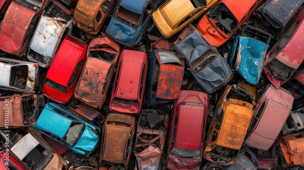 Wrecked cars from accidents in salvage yard aerial view collage Wrecked cars from accidents in salvage yard aerial view collage