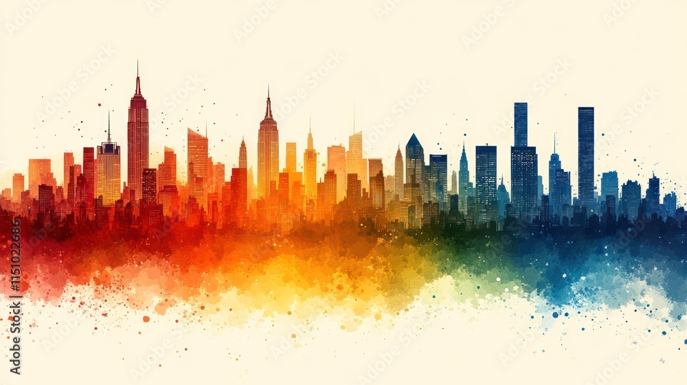 A colorful skyline illustration depicting a cityscape with vibrant gradient colors.