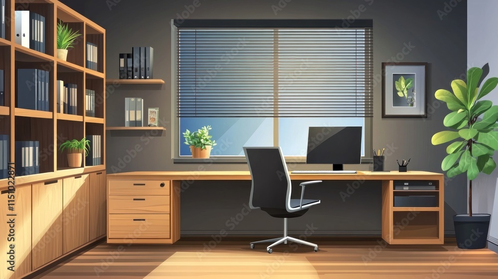 Modern home office with wooden desk, computer, and bookshelf. Modern home office with wooden desk, computer, and bookshelf.