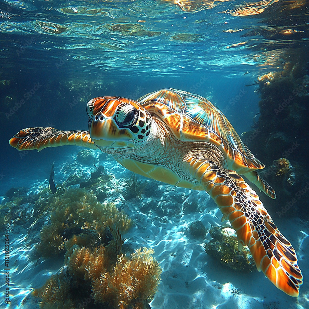 Fototapeta premium Sea turtle swimming leisurely on the transparent and beautiful beach