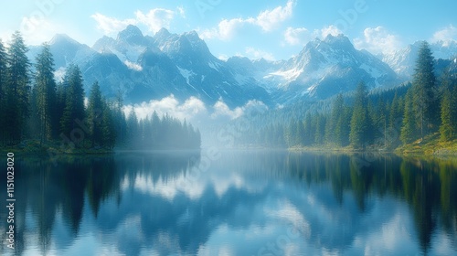Serene mountain lake reflects snowy peaks.