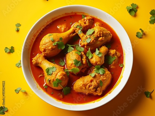 Delicious Chicken Curry in a White Bowl on a Yellow Background