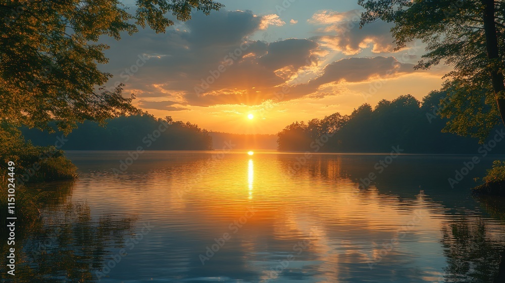 Obraz premium Sunset reflecting on calm lake, trees.