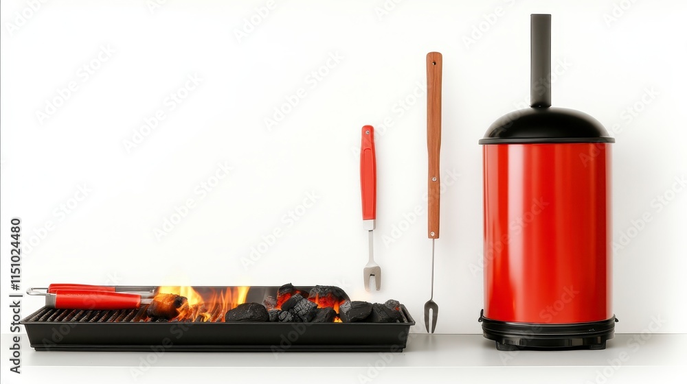 Fototapeta premium A modern grill setup featuring a charcoal grill, grilling tools, and a stylish red chimney starter against a clean white background.