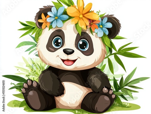 Cute panda illustration surrounded by flowers nature scene digital art playful environment whimsical concept photo