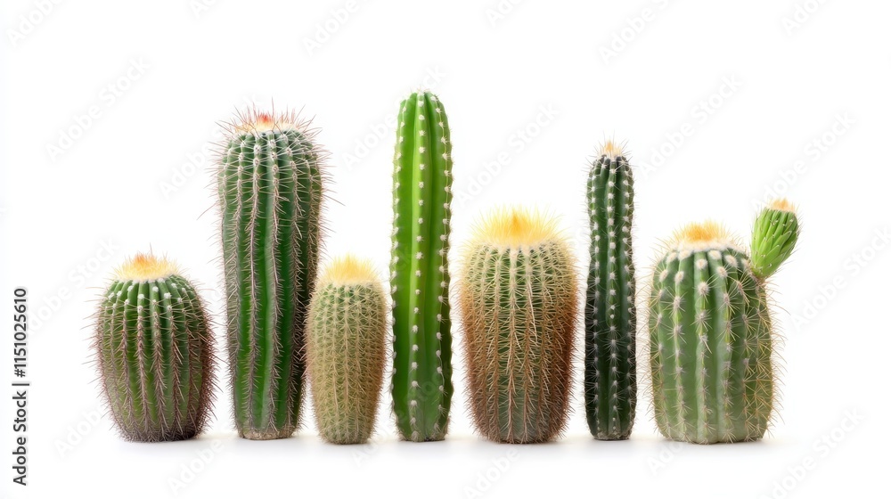 A collection of various cacti, showcasing different shapes and sizes against a white background.
