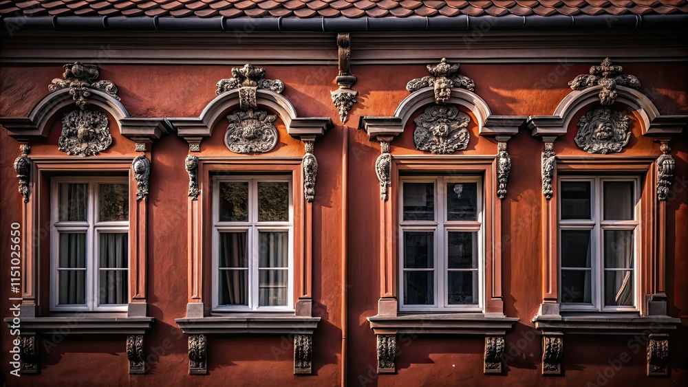 Fototapeta premium A square format captures a symmetrical orange house, its bas-relief details and windows showcased in architectural photography.