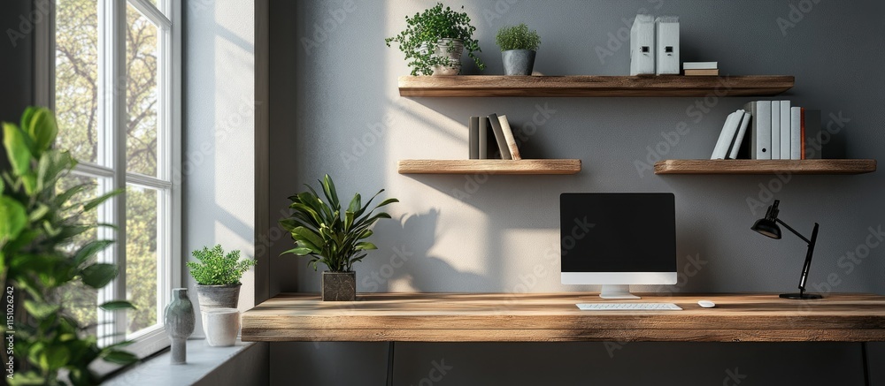 Modern Home Office Workspace with Wooden Desk and Shelves Modern Home Office Workspace with Wooden Desk and Shelves