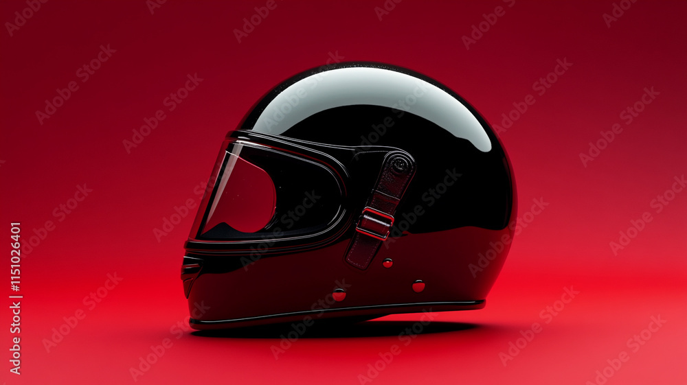 Fototapeta premium Sleek Black Motorcycle Helmet Red Background Safety Gear