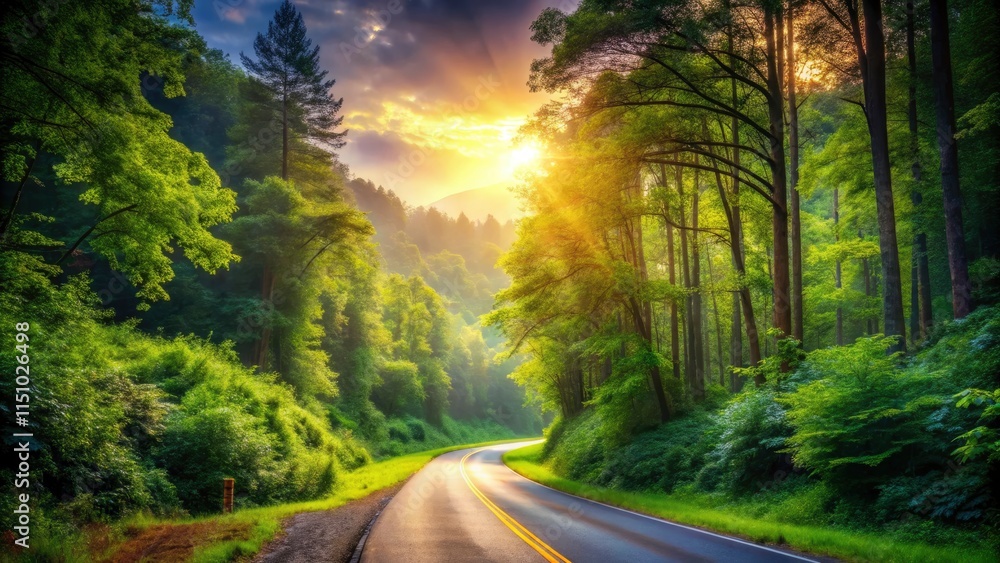 Obraz premium Adventure awaits on this lonely country road, winding through a tranquil, forested landscape.