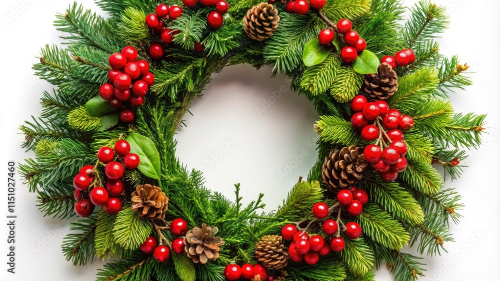 A pristine white backdrop highlights a beautiful, wintery Christmas wreath, ideal for festive celebrations. A pristine white backdrop highlights a beautiful, wintery Christmas wreath, ideal for festive celebrations.