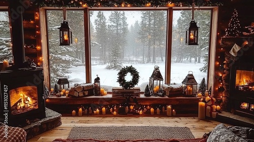 Cozy Cabin Christmas Winter Wonderland View from a Rustic Fireplace Room