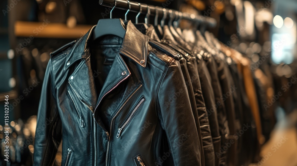 Stylish Black Leather Jackets on Display in a Boutique Store Stylish Black Leather Jackets on Display in a Boutique Store
