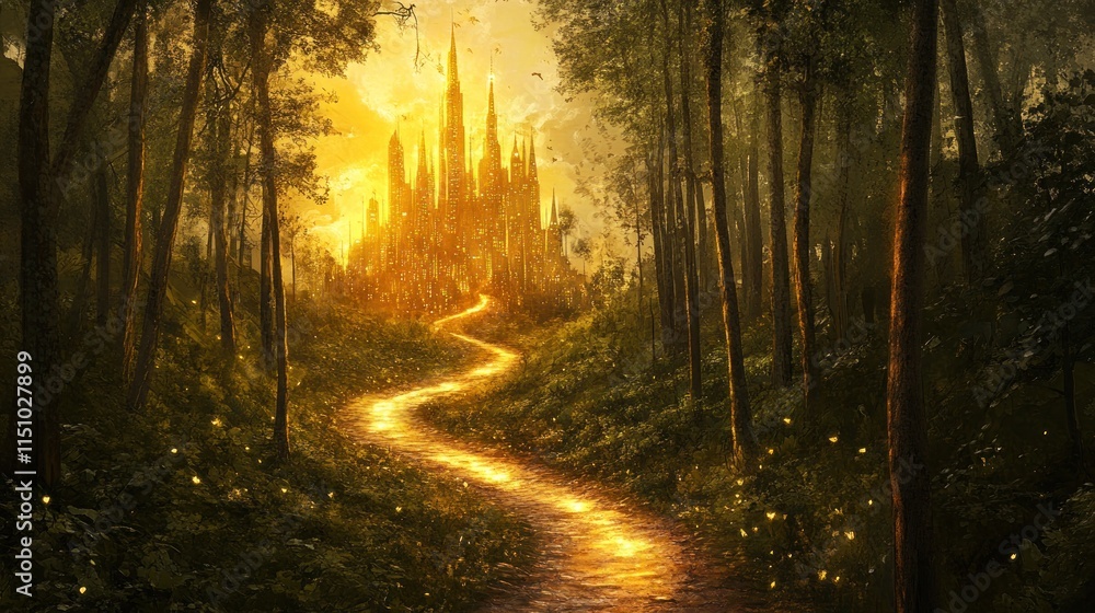 Obraz premium Enchanted Forest Path Leading to a Golden Castle at Sunset