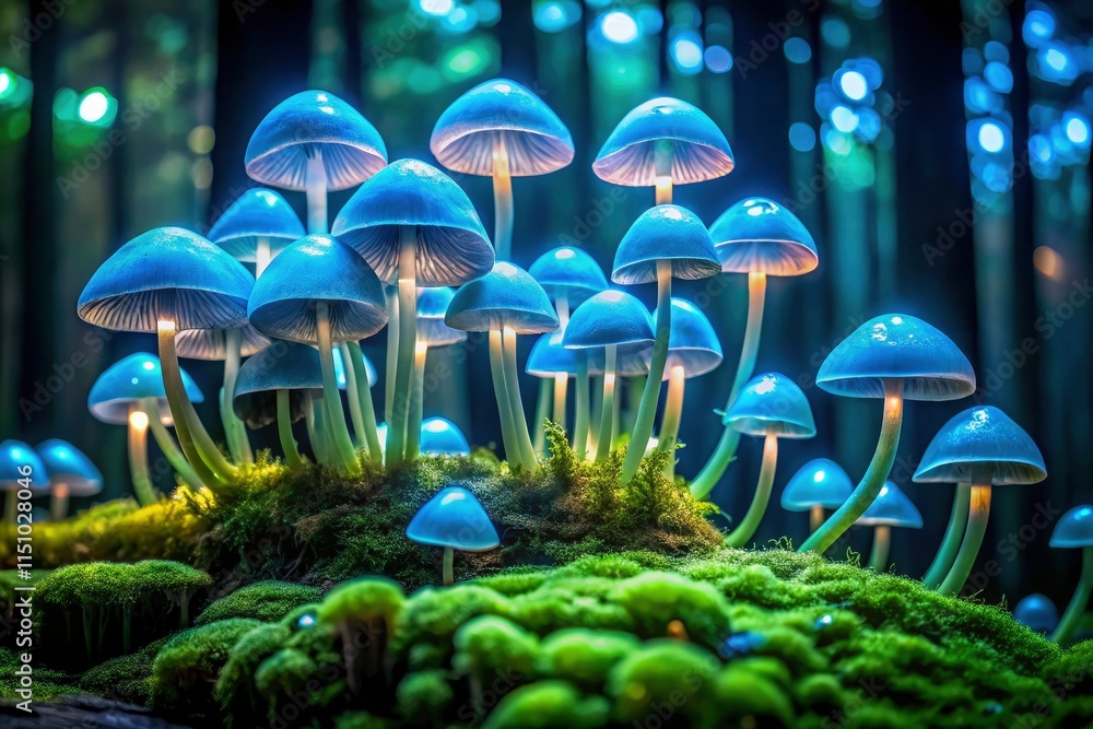 Fototapeta premium Bioluminescent fungi paint a breathtaking nocturnal forest in shades of electric blue, a magical night scene.