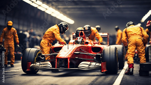 A Dynamic Image of a Formula One Race Car with Pit Crew Ready for Action