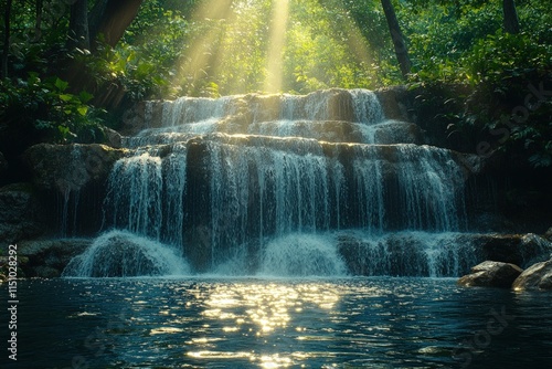 Sunlit waterfall cascades through lush green forest.