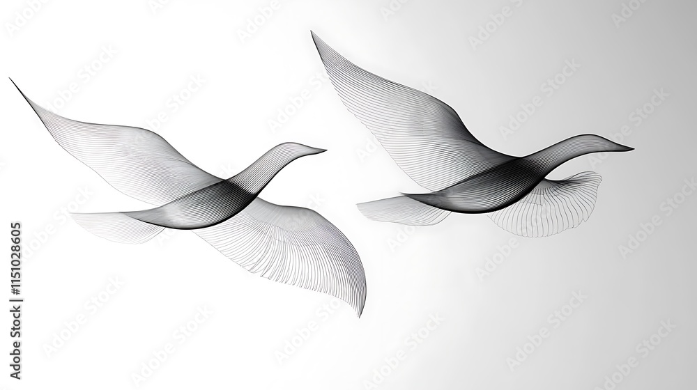 Obraz premium Two wire birds flying on white.