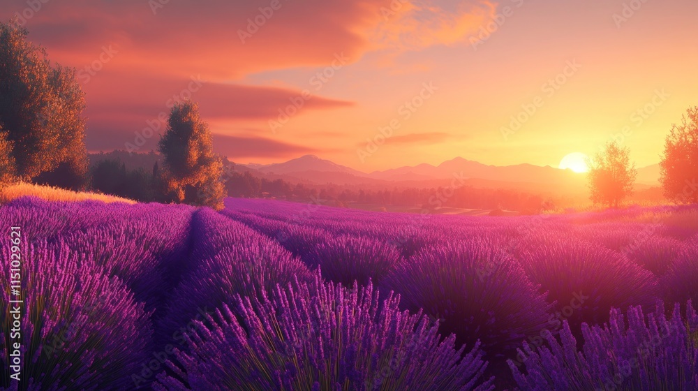 Fototapeta premium Lavender Field Sunset Scenic Landscape With Mountains