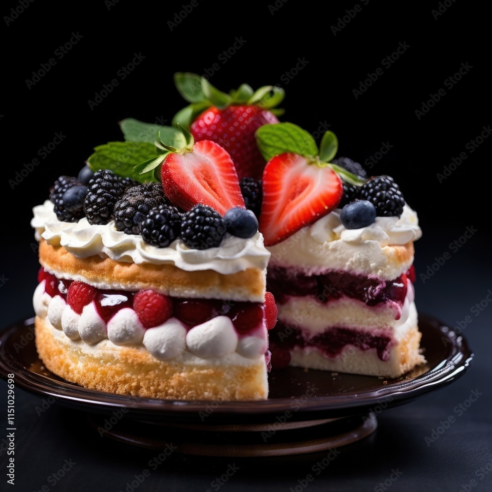 Delicious Cheesecake with Fresh Berries and Whipped Cream Layered Presentation on Elegant Plate Delicious Cheesecake with Fresh Berries and Whipped Cream Layered Presentation on Elegant Plate