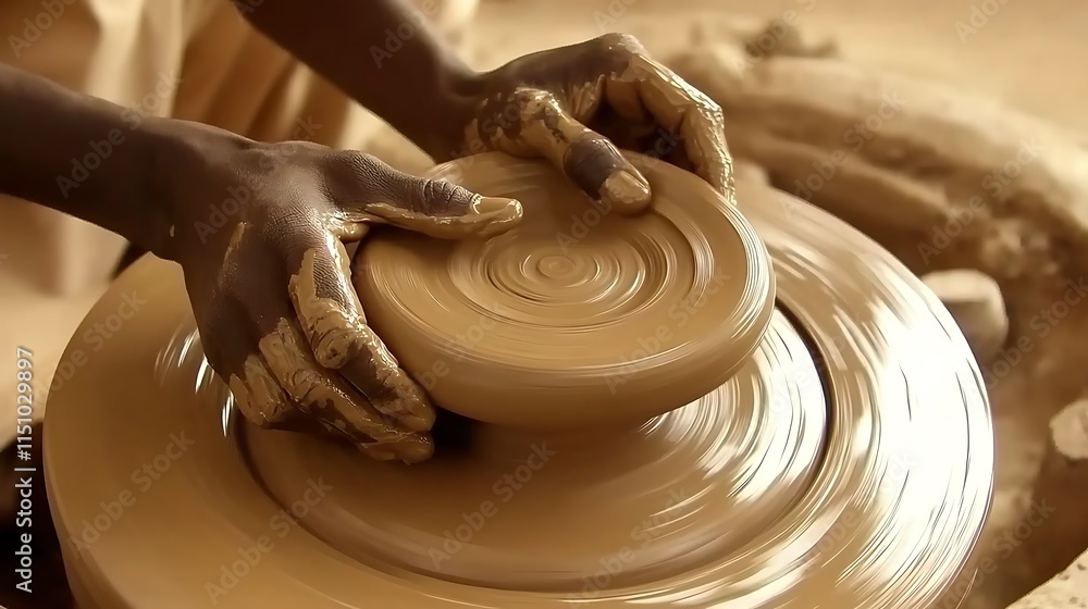 Fototapeta premium Hands shaping clay on spinning wheel.