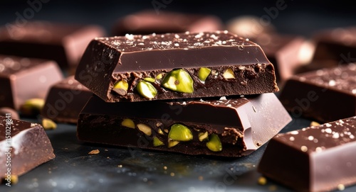 Dark chocolate bars, broken pieces, pistachios, gold flakes, rustic wooden surface, moody lighting, artisanal confectionery, gourmet dessert, rich textures, high contrast, food photography, luxury swe