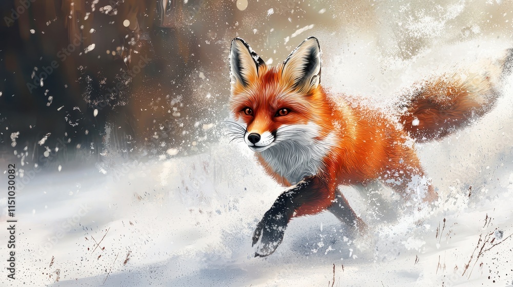 Obraz premium Red Fox Sprinting Through the Snow