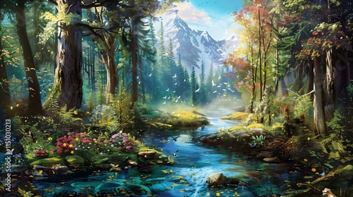 Serene handmadestyle painting captures tranquil forest scene tall trees winding stream wildflowers distant mountains featuring lush greenery vibrant colors textured brushstrokes photo