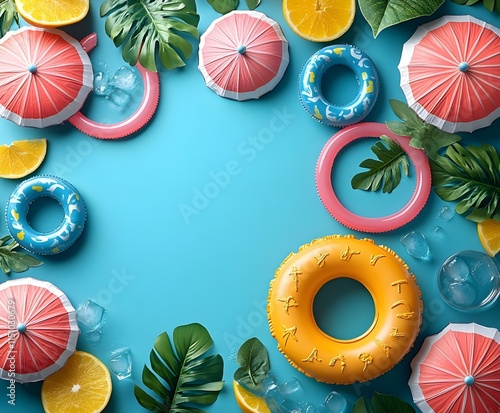 A colorful vector illustration of fresh fruits like orange, lemon, kiwi,Tire and apple slices, along with green vegetables, creates a vibrant pattern perfect for healthy food decoration photo