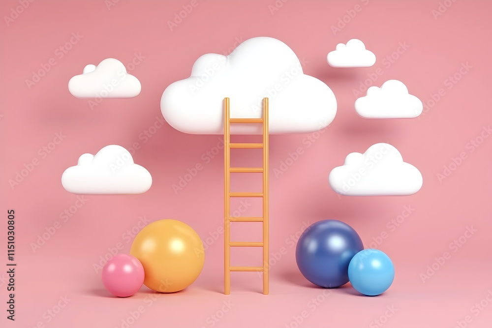 minimal 3D ladder leaning against a fluffy cloud, colorful spheres on pink background. symbolizes ambition, reaching goals and achieving dreams. ideal for Business presentations minimal 3D ladder leaning against a fluffy cloud, colorful spheres on pink background. symbolizes ambition, reaching goals and achieving dreams. ideal for Business presentations
