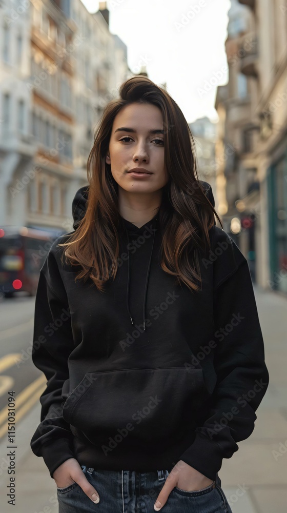 Young woman stands confidently city street her neutral expression direct gaze adding mystery bustling urban scene Young woman stands confidently city street her neutral expression direct gaze adding mystery bustling urban scene