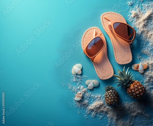 A pair of blue leather flip flops rests on golden sand, evoking a summery Christmas spirit with a festive red ball ornament and seashell decoration photo