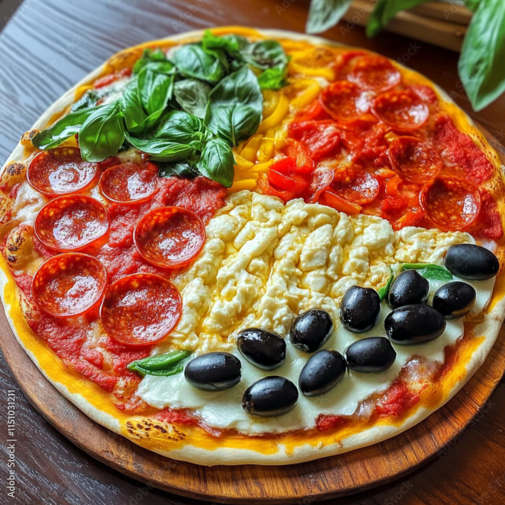 A delicious-looking pizza with various toppings including tomato sauce, mozzarella cheese, sliced tomatoes, olives, and fresh basil leaves