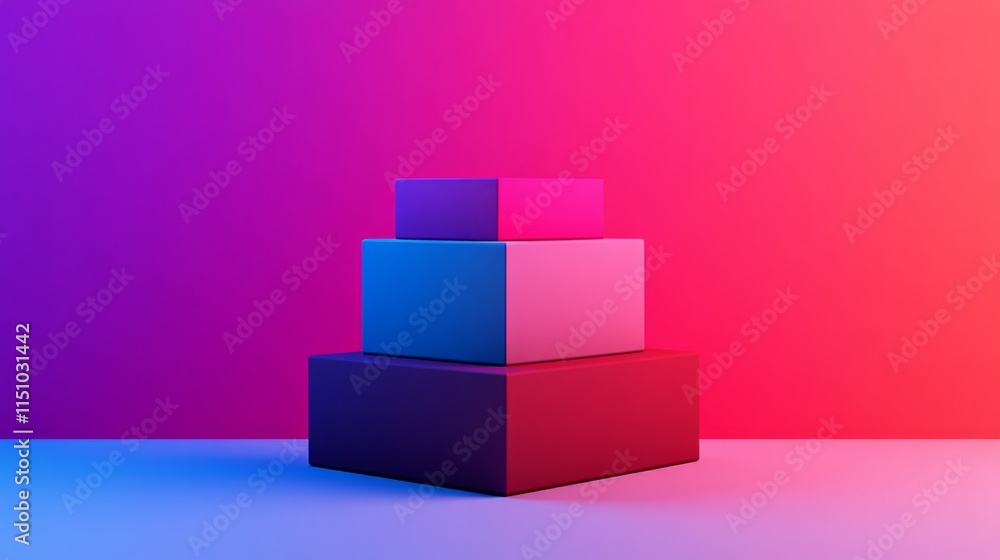 Obraz premium Abstract geometric shapes stacked on each other with vibrant pink and blue gradient background for creative design projects and artistic compositions