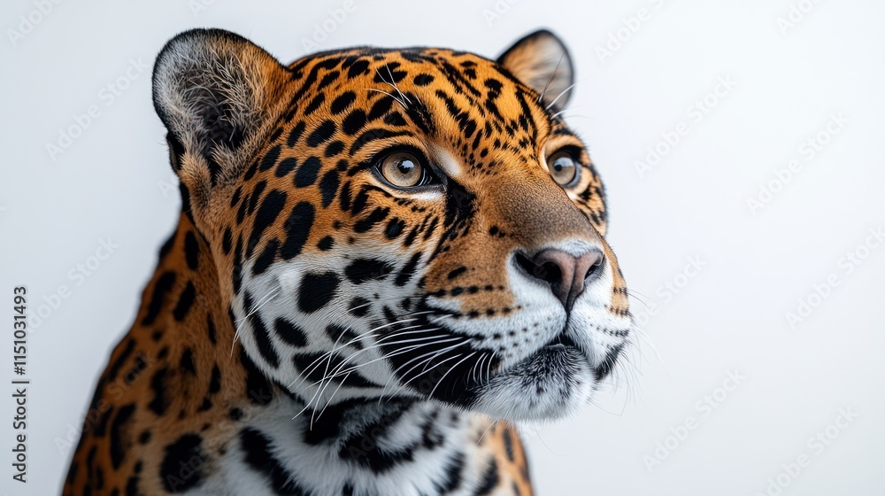 Obraz premium Close-up portrait of a majestic jaguar against a white background, showcasing its striking coat and intense gaze.