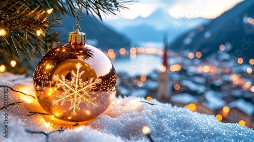 Winter romantic town festive concept. A sparkling Christmas ornament on snow, with a scenic mountain village in the background, evoking a festive winter atmosphere.