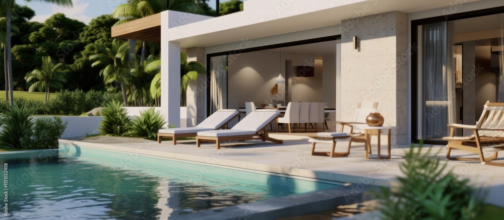 Fototapeta premium Modern Home with Stylish Swimming Pool and Relaxing Outdoor Area Surrounded by Lush Greenery in Bright Natural Light