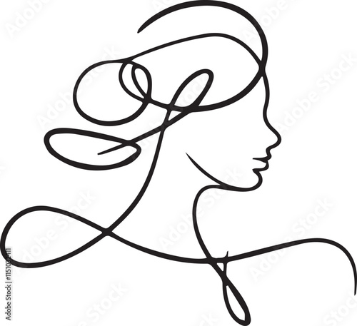 Continuous one simple single abstract line drawing of beautiful woman face icon in silhouette on a white background. Linear stylized.