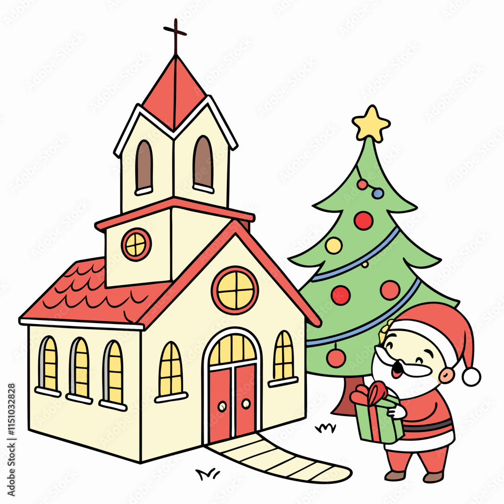 Naklejka premium Santa Claus and the Christmas tree are in front of the church vector design on a white background 