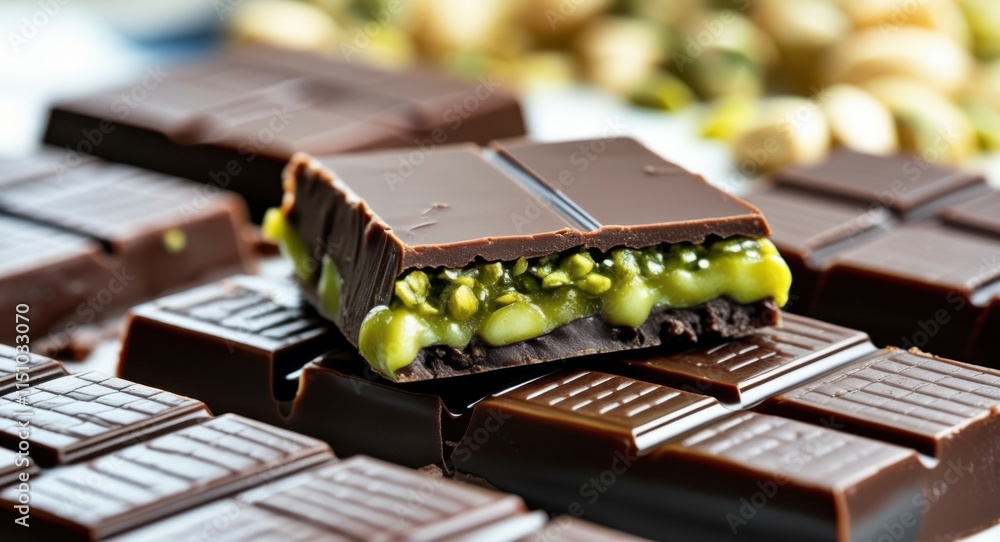 Dark chocolate bars, broken pieces, green pistachio filling, nutty texture, rich contrast, macro photography, food styling, gourmet dessert, indulgent treat, vibrant colors, glossy chocolate surface, Dark chocolate bars, broken pieces, green pistachio filling, nutty texture, rich contrast, macro photography, food styling, gourmet dessert, indulgent treat, vibrant colors, glossy chocolate surface,