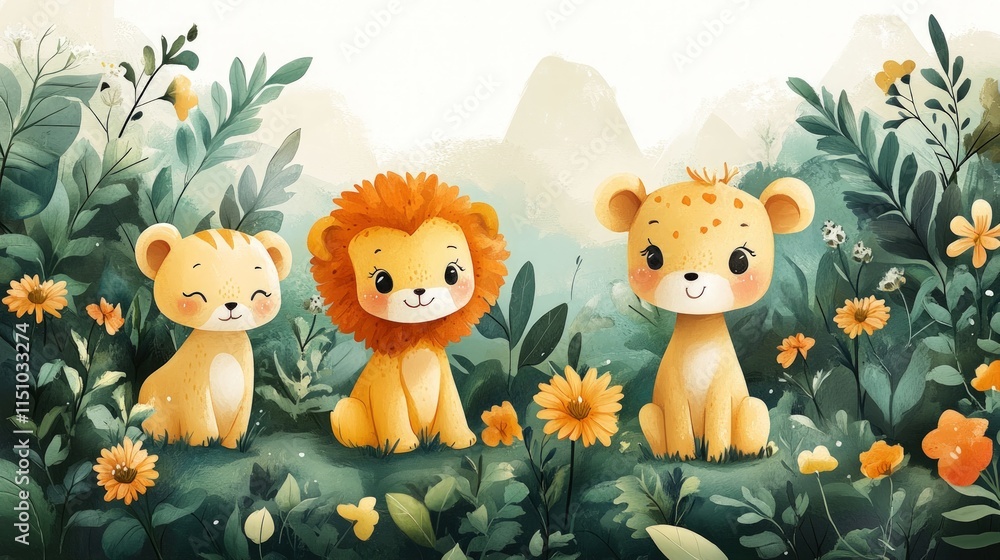 Naklejka premium Three cute lion cubs amidst flowers.