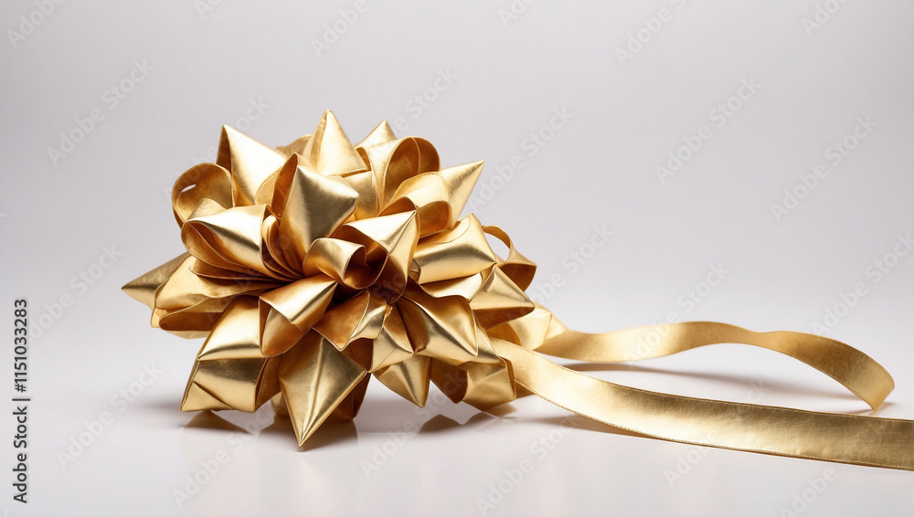 Fototapeta premium A Festive Image of a Gold Star Gift with a Bow and Ribbon on a White Background for Celebrations