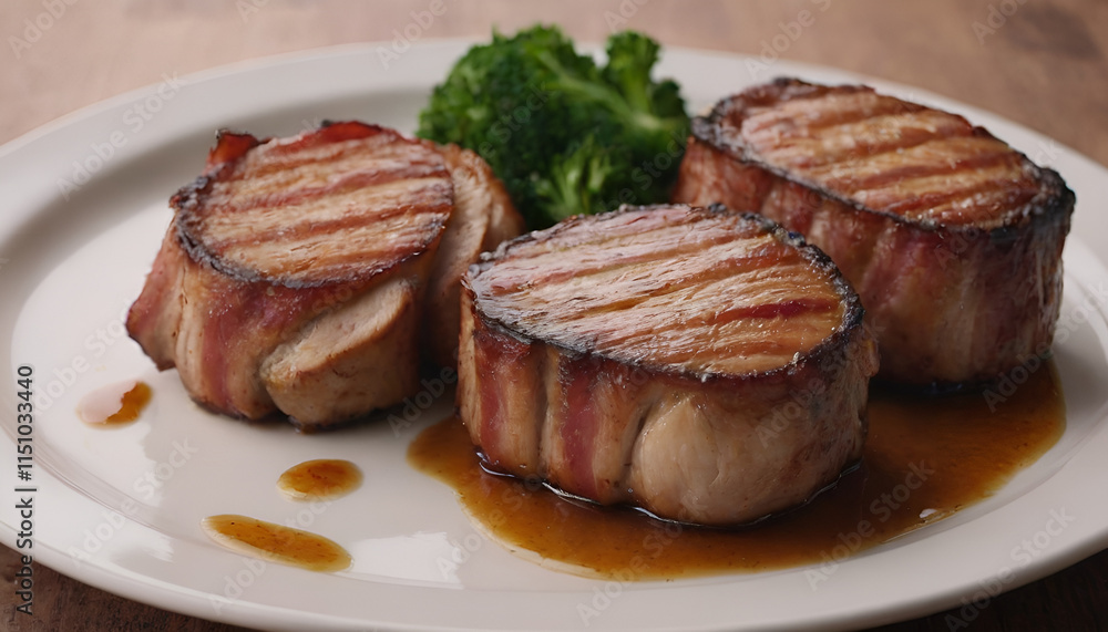 bacon wrapped pork chops on a plate bacon wrapped pork chops on a plate