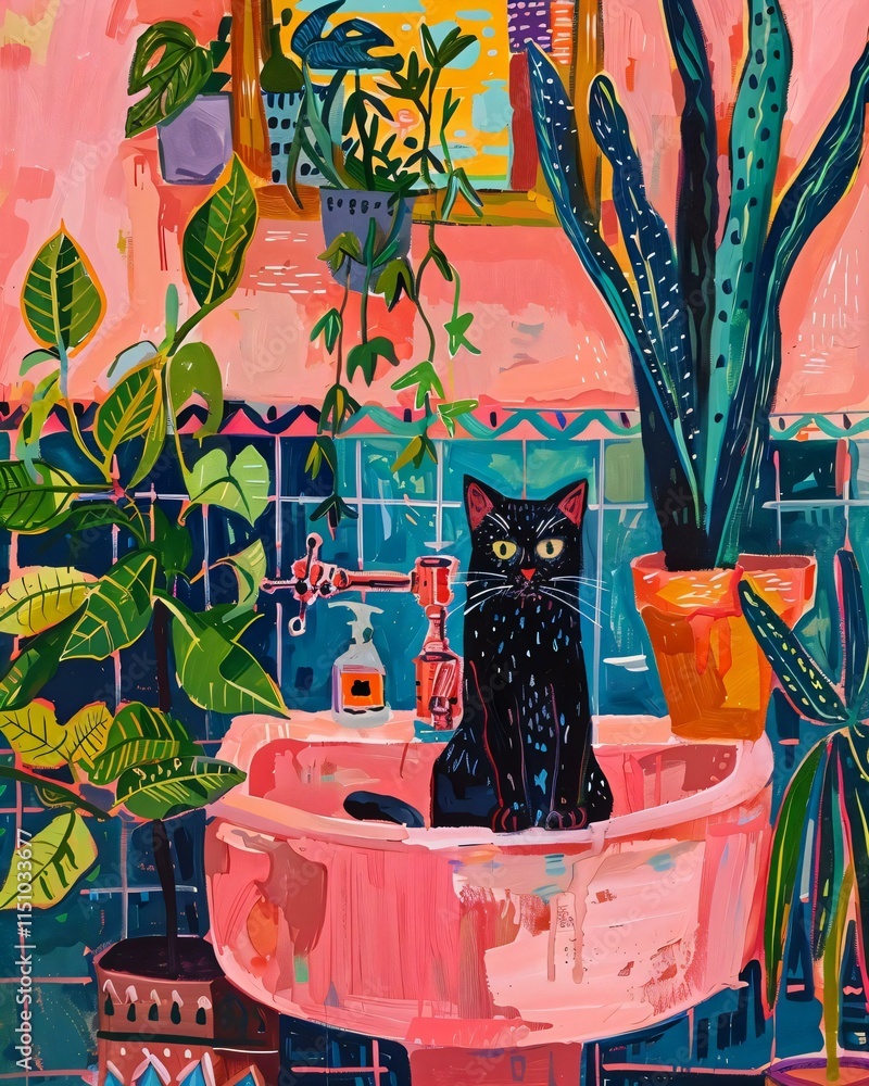 Black cat sits comfortably pink pedestal sink surrounded plants objects that add touch nature colorful textured bathroom