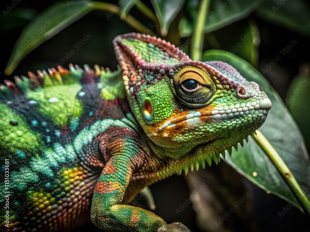 Obraz premium Close-up of a vibrant chameleon, showcasing its colorful, textured skin. Exotic reptile photography.