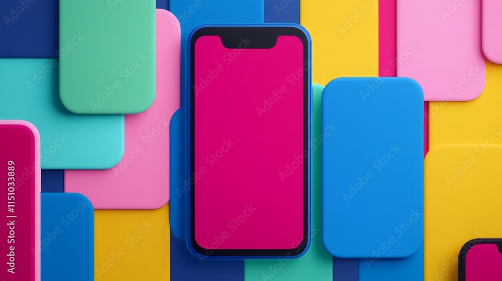 Colorful Abstract Composition Featuring a Smartphone Surrounded by Vibrant Geometric Shapes in Varying Colors and Sizes for Modern Design Use Colorful Abstract Composition Featuring a Smartphone Surrounded by Vibrant Geometric Shapes in Varying Colors and Sizes for Modern Design Use